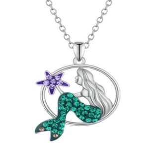 🆕Crystal Mermaid Pendant Necklace Silver Green Purple 18”